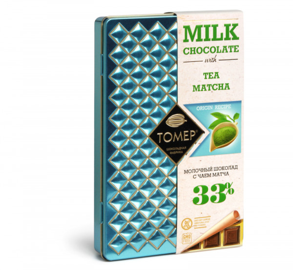 №1 Фабрика Томер металлический бокс Молочный шоколад с чаем МАТЧА ,33%  90г в Батайске